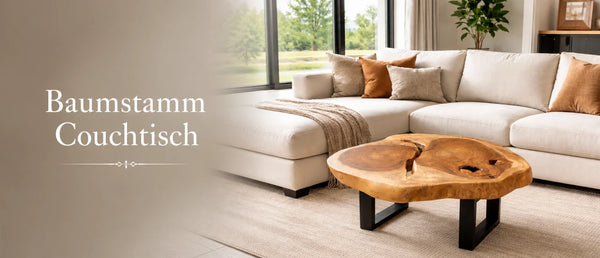 Baumstamm Couchtisch aus massiver Akazie – runde Baumscheibe mit Naturkante im Wohnzimmer  Baumscheiben Couchtische aus Akazienholz im Showroom von Buddha Deko in der Schweiz