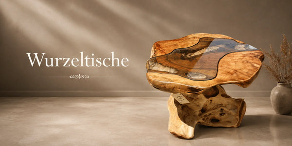Wurzeltisch aus massivem Teak-Wurzelholz mit organischer Naturform, fein geschliffen und unversiegelt, handgefertigtes Unikat-Couchtisch für Wohnzimmer, Lounge oder Garten in der Schweiz