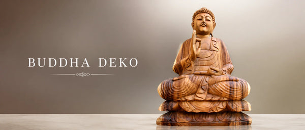 Handgeschnitzte Buddha Statuen aus massivem Teak- und Akazienholz (30–100 cm), Unikate direkt ab Lager Schweiz mit Showroom in Feuerthalen bei Schaffhausen und Lieferung in die ganze Schweiz