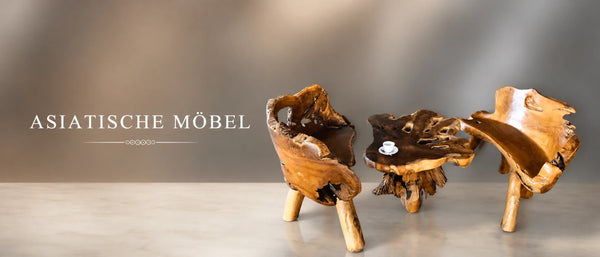 Asiatische Möbel aus massivem Teak- und Suarholz, handgefertigte Unikat-Tische und Regale in einem wohnlichen, inspirierenden Interieur in der Schweiz
