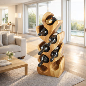 Weinregal aus massivem Akazienholz (Suar) in moderner Kaktus-Form für 6–26 Flaschen, handgefertigter Design-Weinständer als dekoratives Flaschenregal für Wohnzimmer, Weinlounge, Restaurant oder Boutique-Hotel in der Schweiz