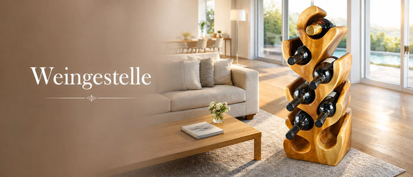 Weinregal aus massivem Akazienholz (Suar) in moderner Kaktus-Form für 6–26 Flaschen, handgefertigter Design-Weinständer als dekoratives Flaschenregal für Wohnzimmer, Weinlounge, Restaurant oder Boutique-Hotel in der Schweiz