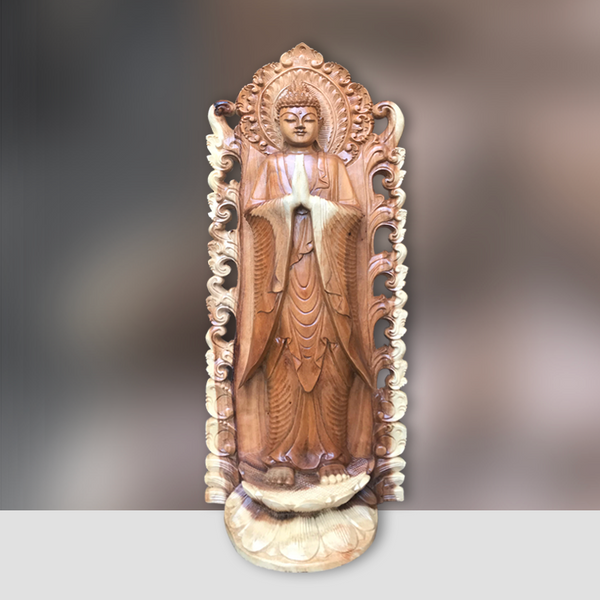 Buddha Deko |stehender Buddha | Namaskara Mudra | Holzskulptur 99cm