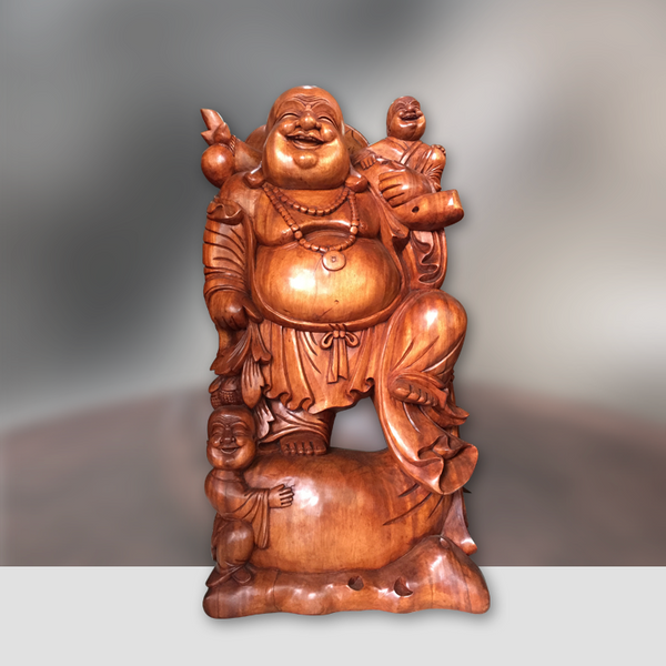 stehender Happy Buddha | Holzskulptur, handgefertigt 100cm