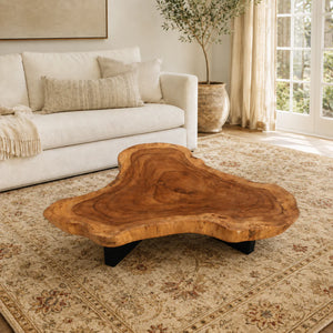 Baumscheiben-Couchtisch aus 9 cm starker Suarholz-Baumscheibe (114 × 110 × 43 cm) mit organischer Dreiecksform und echter Baumkante, massives Naturholz-Unikat als Wohnzimmertisch für L-Sofa, Lounge oder Design-Wohnzimmer in der Schweiz