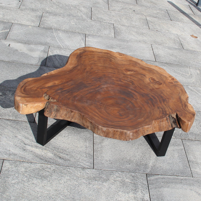 `Baumscheiben-Couchtisch aus Akazie in Naturform (118 × 108 × 43 cm, 9 cm starke Platte) mit echter Baumkante und Metallgestell, massives Naturholz-Unikat für Wohnzimmer, Lounge oder Wintergarten in stilvollen Schweizer Wohnräumen`
