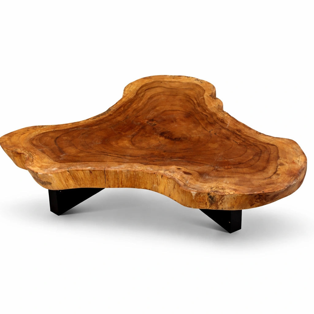 Baumscheiben-Couchtisch aus 9 cm starker Akazien-Baumscheibe (114 × 110 × 43 cm) mit organischer Dreiecksform und echter Baumkante, massives Naturholz-Unikat als Wohnzimmertisch für L-Sofa, Lounge oder Design-Wohnzimmer in der Schweiz