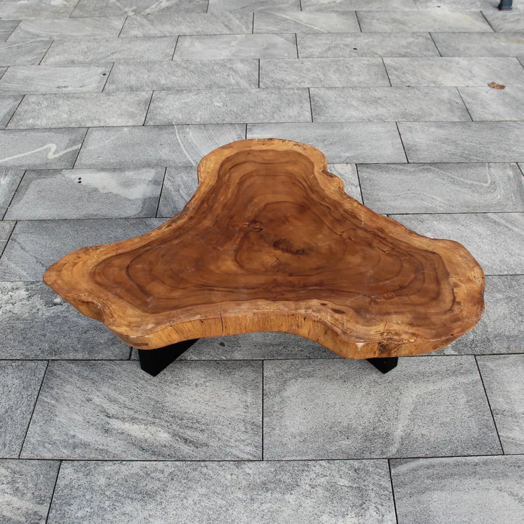 `Baumscheiben-Couchtisch aus 9 cm starker Akazien-Baumscheibe (114 × 110 × 43 cm) mit organischer Dreiecksform und echter Baumkante, massives Naturholz-Unikat als Wohnzimmertisch für L-Sofa, Lounge oder Design-Wohnzimmer in der Schweiz`
