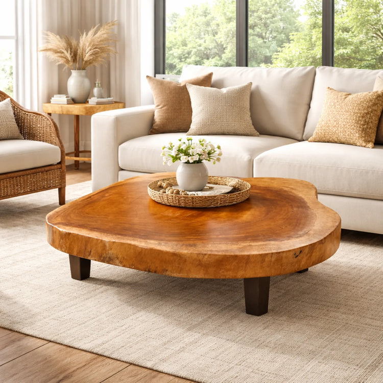 Baumscheiben-Couchtisch aus massiver Akazien-Baumscheibe (104 x 100 x 43 cm, 8 cm starke Platte) mit Naturkante und warmer Maserung, massiver Holzstammtisch als Mittelpunkt im Wohnzimmer, in Lounge, Wintergarten oder Chalet in der Schweiz