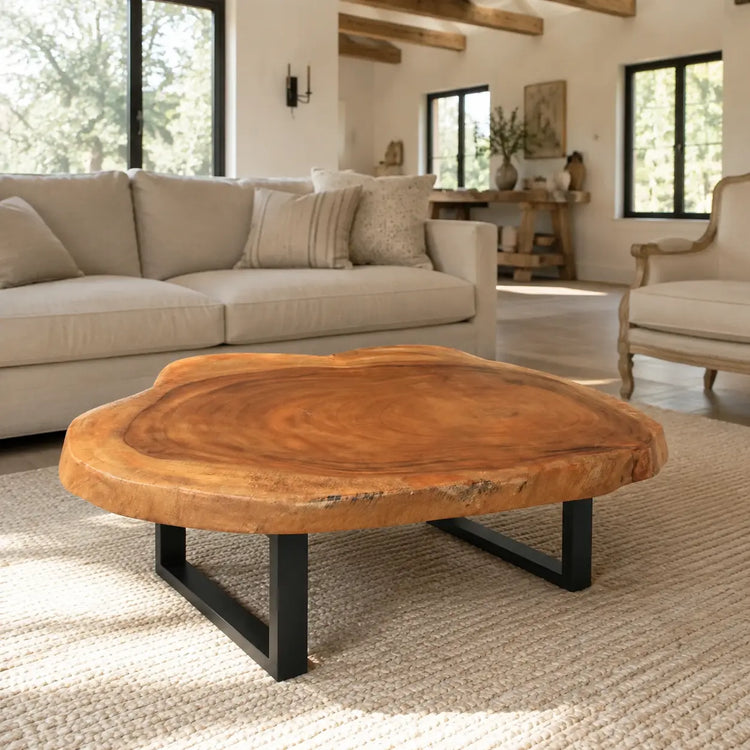 XXL-Baumscheiben-Couchtisch aus massiver Akazien-Baumscheibe (104 x 100 x 43 cm, 8 cm starke Platte) mit organischer Naturform und Baumkante, großer Naturholz-Wohnzimmertisch als Massivholz-Unikat für L-Sofa, Ecksofa oder offene Wohnlandschaft in der Schweiz
