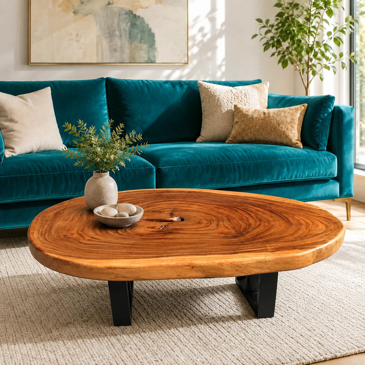 Couchtisch aus Akazie-Holzstamm (Suarholz-Baumscheibe, 108 x 72 x 43 cm, 8 cm starke Platte) mit Naturkante, elegantes Massivholz-Unikat für Einzelsofas und kleine Wohnzimmer in der Schweiz