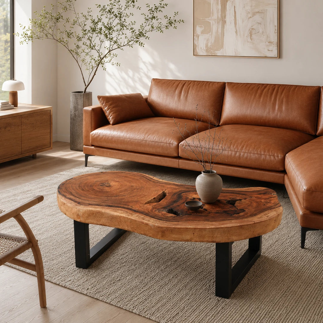 Ovaler Baumstamm-Couchtisch aus Akazie-Baumscheibe (Suarholz, 110 x 75 x 43 cm, 8 cm starke Platte) mit Naturkante, Massivholz-Unikat für Wohnzimmer, Lounge oder Wintergarten in der Schweiz