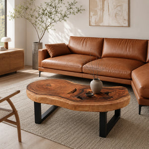 Ovaler Baumstamm-Couchtisch aus Akazie-Baumscheibe (Suarholz, 110 x 75 x 43 cm, 8 cm starke Platte) mit Naturkante, Massivholz-Unikat für Wohnzimmer, Lounge oder Wintergarten in der Schweiz