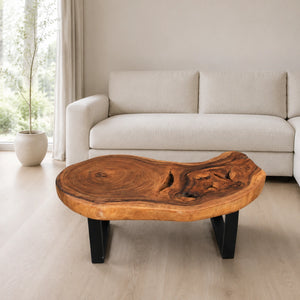 Baumscheiben-Designertisch aus massiver Akazien-Baumscheibe (110 x 75 x 43 cm, ca. 8 cm starke Platte) mit Natur-Loch, unregelmäßiger organischer Form und lebendiger Maserung, naturbelassenes Holzstamm-Unikat als Couchtisch für Lounge, Wohnzimmer oder überdachte Gartenlounge in der Schweiz