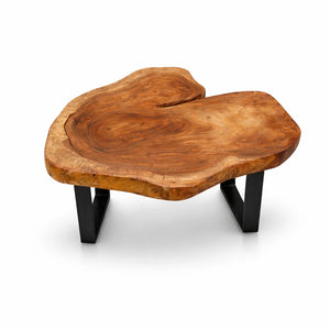 Massiver Baumstamm-Couchtisch aus asiatischer Akazien-Baumscheibe (108 x 88 x 43 cm, ca. 8 cm starke Platte) mit organischer Naturform, lebendiger Baumkante und dunklen Jahresringen, Naturholz-Unikat für Wohnzimmer mit Ecksofa oder L-Sofa in der Schweiz