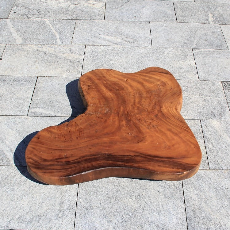 `Baumstamm-Couchtisch aus umweltfreundlicher Akazien-Baumscheibe (100 x 90 x 43 cm, ca. 8 cm starke Platte) mit unregelmäßiger Naturform, lebendiger Maserung und echter Baumkante, pflegeleichtes Massivholz-Unikat für Wohnzimmer, Wintergarten oder Büro-Empfang in der Schweiz`
