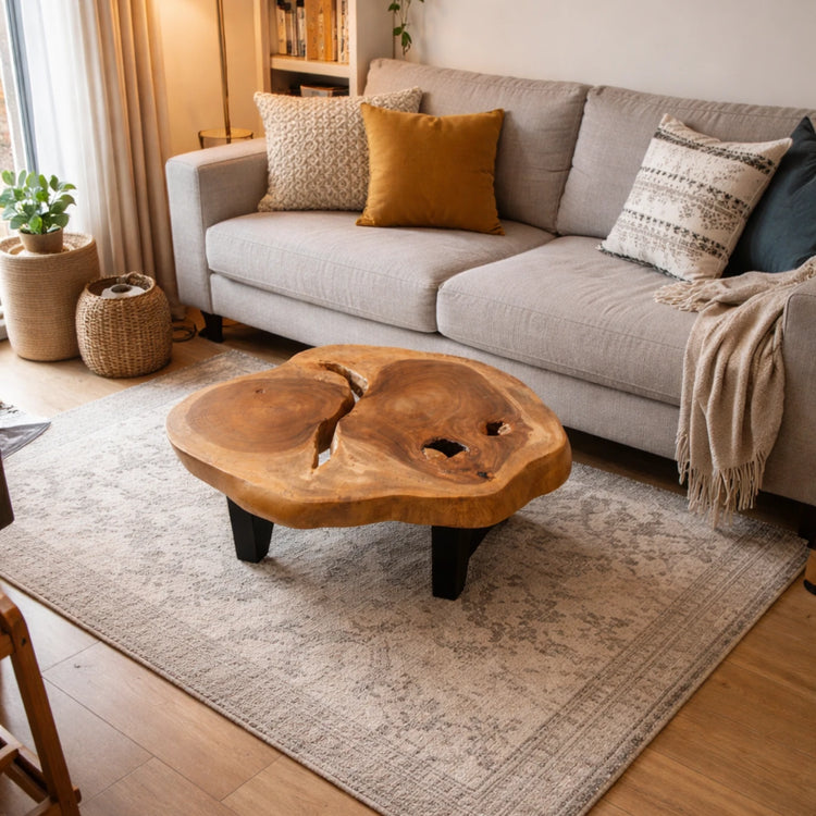 Baumscheiben-Couchtisch mit Naturriss aus massiver Akazie (98 x 80 x 43 cm, ca. 8 cm starke Platte) mit Doppelherz-Maserung, „Schlucht“ und Baumkante auf Metallbasis, Naturholz-Unikat für Wohnzimmer, Loft, Chalet oder Wintergarten in der Schweiz