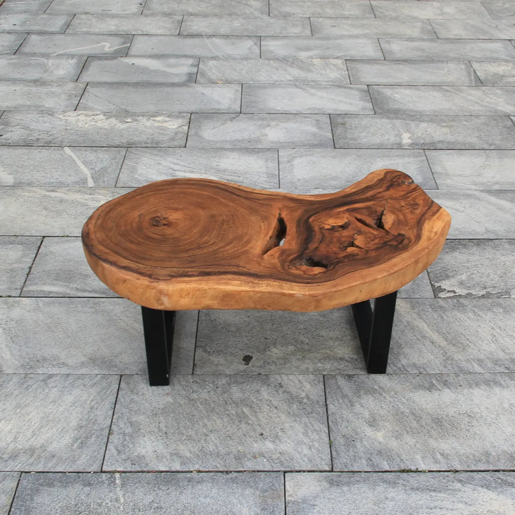 Ovaler Baumstamm-Couchtisch aus Akazie-Baumscheibe (Suarholz, 110 x 75 x 43 cm, 8 cm starke Platte) mit Naturkante, Massivholz-Unikat für Wohnzimmer, Lounge oder Wintergarten in der Schweiz
