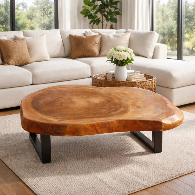 Salontisch aus heller Akazien-Baumscheibe (ca. 105 x 92 cm, 8 cm starke Platte) mit organischer Naturform, handgefertigtes Massivholz-Unikat für skandinavische Wohnzimmer, Lounge, Wintergarten oder Chalet in der Schweiz
