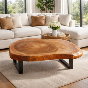 Salontisch aus heller Akazien-Baumscheibe (ca. 105 x 92 cm, 8 cm starke Platte) mit organischer Naturform, handgefertigtes Massivholz-Unikat für skandinavische Wohnzimmer, Lounge, Wintergarten oder Chalet in der Schweiz
