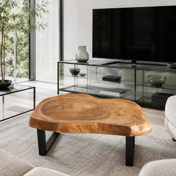 Salontisch aus heller Akazien-Baumscheibe (ca. 105 x 92 cm, 8 cm starke Platte) mit organischer Naturform, handgefertigtes Massivholz-Unikat für skandinavische Wohnzimmer, Lounge, Wintergarten oder Chalet in der Schweiz
