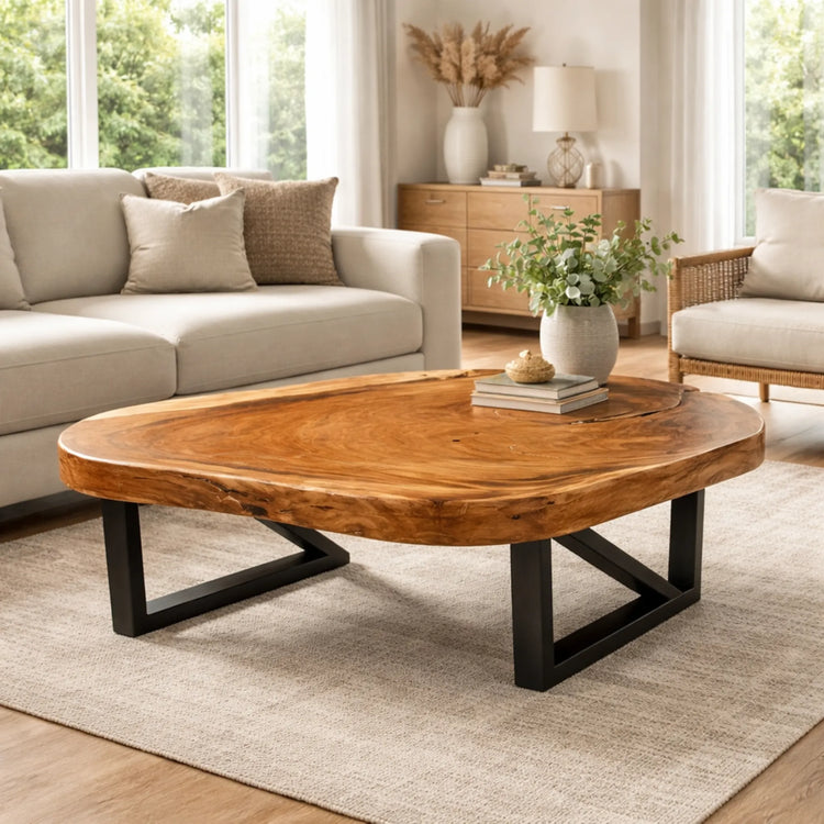 Holzstamm-Couchtisch aus massiver Akazien-Baumscheibe (126 x 86 x 43 cm, ca. 8 cm starke Platte) mit weißer Baumkante, unregelmäßiger Naturform und sichtbaren Jahresringen, großer Baumstamm-Salontisch für Sofalandschaft, Lounge oder Chalet-Wohnzimmer in der Schweiz
