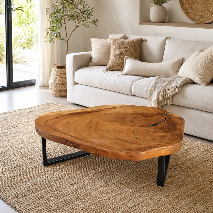Holzstamm-Couchtisch aus massiver Akazien-Baumscheibe (126 x 86 x 43 cm, ca. 8 cm starke Platte) mit weißer Baumkante, unregelmäßiger Naturform und sichtbaren Jahresringen, großer Baumstamm-Salontisch für Sofalandschaft, Lounge oder Chalet-Wohnzimmer in der Schweiz
