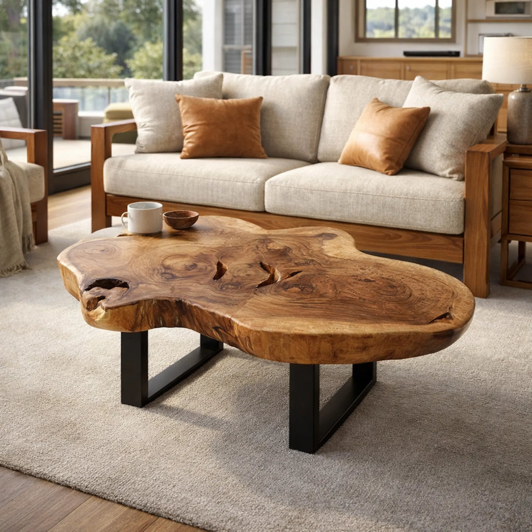 Baumtisch aus massiver Akazie-Baumscheibe (ca. 99 x 77 x 43 cm, 8 cm starke Platte) mit frei gewachsener, blütenartiger Kontur und Baumkante, Naturholz-Couchtisch als Massivholz-Unikat für Wohnzimmer oder Chalet in der Schweiz
