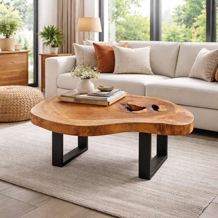 Beistelltisch aus massiver Akazien-Baumscheibe (108 x 88 x 43 cm, 8 cm starke Platte) mit Baumkante, Baumloch und Wasserlinien-Maserung, Naturholz-Unikat als flexibler Couchtisch/Beistelltisch für Sofa-Ecke, Lounge oder kleines Wohnzimmer in der Schweiz