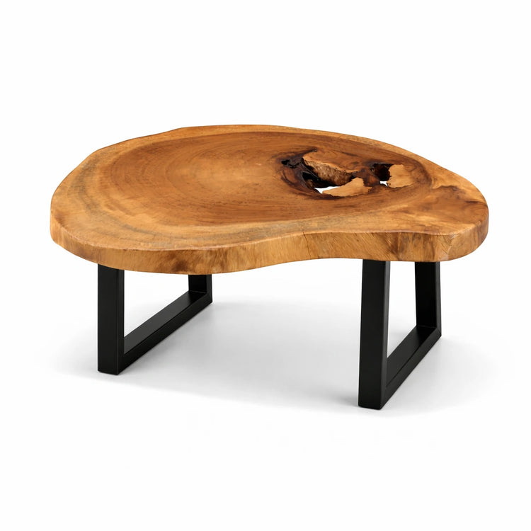 Beistelltisch aus massiver Akazien-Baumscheibe (108 x 88 x 43 cm, 8 cm starke Platte) mit Baumkante, Baumloch und Wasserlinien-Maserung, Naturholz-Unikat als flexibler Couchtisch/Beistelltisch für Sofa-Ecke, Lounge oder kleines Wohnzimmer in der Schweiz