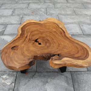 Beistelltisch aus massiver Akazien-Baumscheibe (90 x 90 x 43 cm, 8 cm starke Platte) mit unregelmäßiger Naturform, Baumkante und sichtbaren Jahresringen, nachhaltiges Naturholz-Unikat für Sofa-Ecke, Lounge oder Balkon in der Schweiz`
