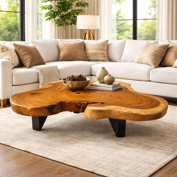 Beistelltisch aus massiver Akazien-Baumscheibe (90 x 90 x 43 cm, 8 cm starke Platte) mit unregelmäßiger Naturform, Baumkante und sichtbaren Jahresringen, nachhaltiges Naturholz-Unikat für Sofa-Ecke, Lounge oder Balkon in der Schweiz`