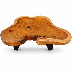 Beistelltisch aus massiver Akazien-Baumscheibe (90 x 90 x 43 cm, 8 cm starke Platte) mit unregelmäßiger Naturform, Baumkante und sichtbaren Jahresringen, nachhaltiges Naturholz-Unikat für Sofa-Ecke, Lounge oder Balkon in der Schweiz`
