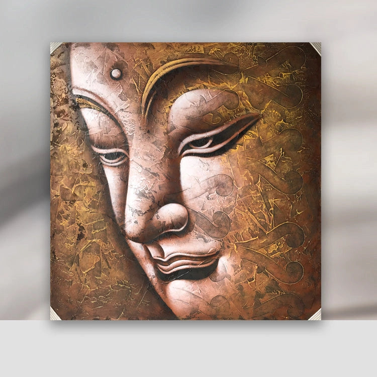 Quadratisches Buddha Leinwandbild XXL 100 x 100 cm in warmen Brauntönen mit massivem Holzrahmen, ruhiges Buddhismus Wandbild für Wohnzimmer, Loft, Spa, Praxis oder Hotel-Lobby in der Schweiz