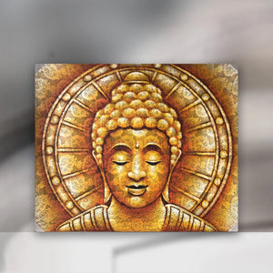 `Buddha Leinwandbild XXL 120 x 100 cm mit goldener Struktur und massivem Suarholzrahmen, exklusives Buddhismus Wandbild für Wohnzimmer, Lounge, Praxis oder Hotel in der Schweiz`
