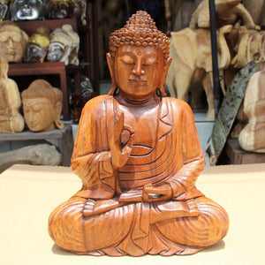 `Buddha Deko Holzfigur 40 cm aus handgeschnitztem, massivem Akazienholz in Varada Mudra, sitzende Buddha Statue als wetterfeste asiatische Deko für Wohnzimmer, Meditationsraum, Eingang, Praxis, Restaurant oder Garten in der Schweiz`
