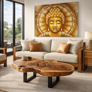 Buddha Leinwandbild XXL 120 x 100 cm mit goldener Struktur und massivem Suarholzrahmen, exklusives Buddhismus Wandbild für Wohnzimmer, Lounge, Praxis oder Hotel in der Schweiz