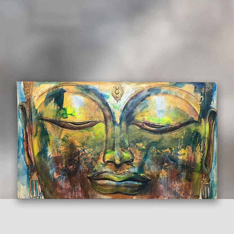 XXL Buddha Gemälde 200 x 110 cm, handgemaltes Leinwandbild in warmen Braun- und Naturtönen auf Echtholzrahmen als ruhiger Wandblickfang für Wohnzimmer, Hotel-Lobby oder Spa in der Schweiz
