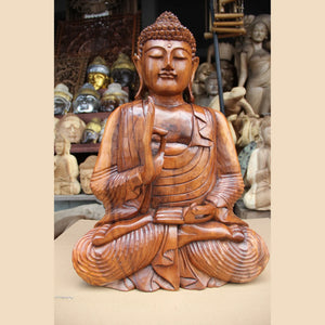 Buddha Holzskulptur 60 cm aus massiver Akazie mit Varada Mudra, handgeschnitzte naturbelassene Buddha Figur für Wohnzimmer, Meditationsraum, Eingang oder Garten in der Schweiz