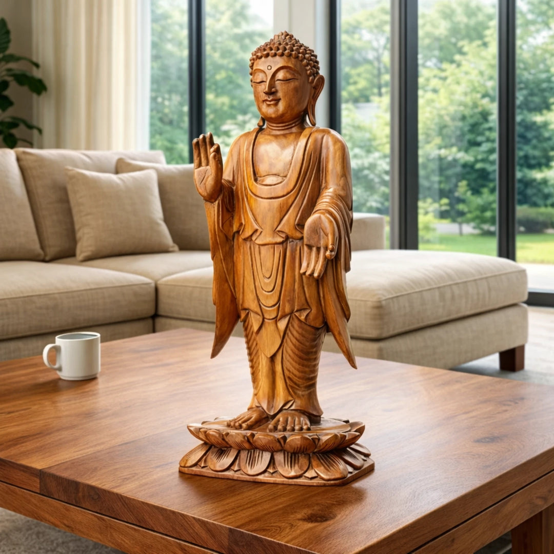 tehende Buddha Figur 60 cm aus massivem Akazienholz, handgeschnitzte Holz-Buddha Statue für Eingang, Wohnzimmer oder Garten in der Schweiz