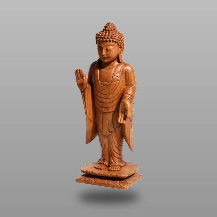 tehende Buddha Figur 60 cm aus massivem Akazienholz, handgeschnitzte Holz-Buddha Statue für Eingang, Wohnzimmer oder Garten in der Schweiz