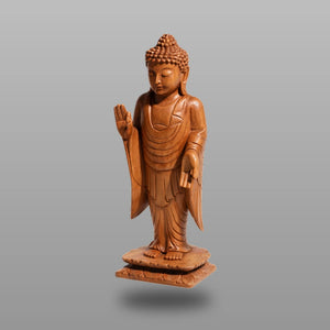 tehende Buddha Figur 60 cm aus massivem Akazienholz, handgeschnitzte Holz-Buddha Statue für Eingang, Wohnzimmer oder Garten in der Schweiz
