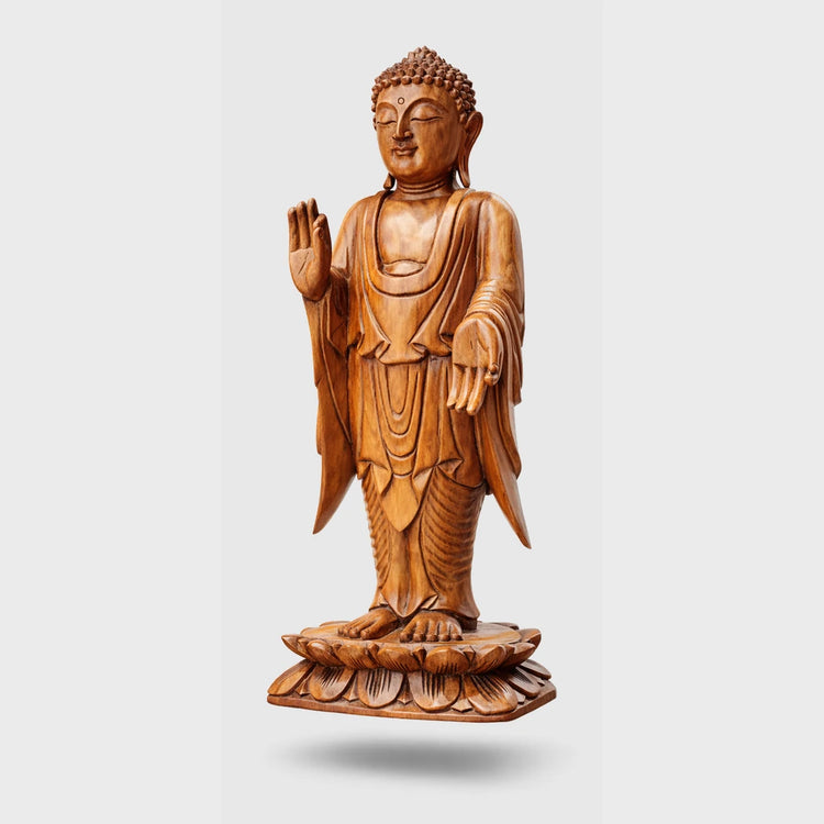 tehende Buddha Figur 60 cm aus massivem Akazienholz, handgeschnitzte Holz-Buddha Statue für Eingang, Wohnzimmer oder Garten in der Schweiz