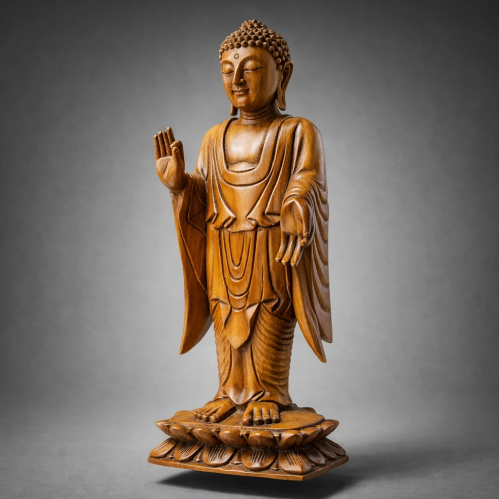 tehende Buddha Figur 60 cm aus massivem Akazienholz, handgeschnitzte Holz-Buddha Statue für Eingang, Wohnzimmer oder Garten in der Schweiz