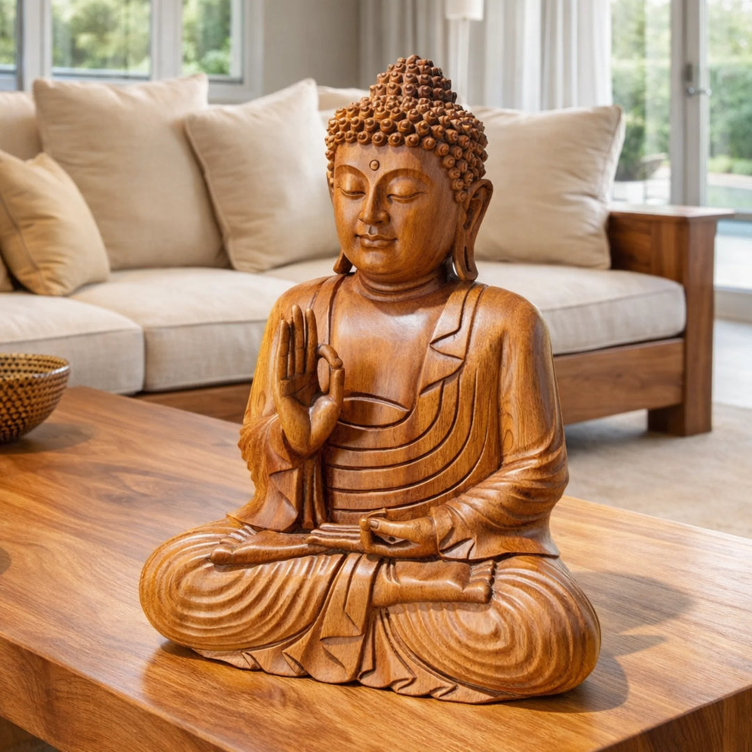 Buddha Deko Holzfigur 40 cm aus handgeschnitztem, massivem Akazienholz in Varada Mudra, sitzende Buddha Statue als wetterfeste asiatische Deko für Wohnzimmer, Meditationsraum, Eingang, Praxis, Restaurant oder Garten in der Schweiz