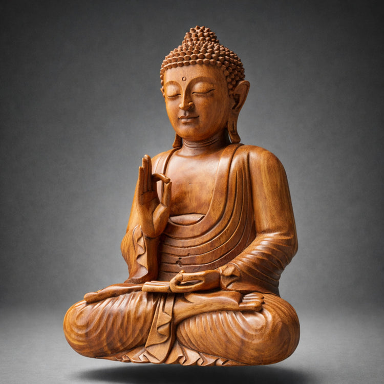 Buddha Deko Holzfigur 40 cm aus handgeschnitztem, massivem Akazienholz in Varada Mudra, sitzende Buddha Statue als wetterfeste asiatische Deko für Wohnzimmer, Meditationsraum, Eingang, Praxis, Restaurant oder Garten in der Schweiz