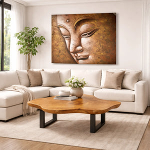 Quadratisches Buddha Leinwandbild XXL 100 x 100 cm in warmen Brauntönen mit massivem Holzrahmen, ruhiges Buddhismus Wandbild für Wohnzimmer, Loft, Spa, Praxis oder Hotel-Lobby in der Schweiz
