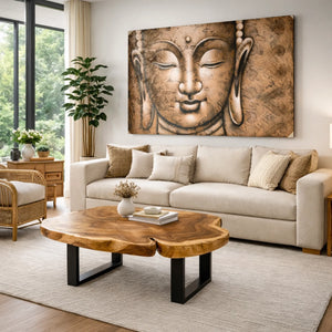 Buddha Leinwandbild 120 x 80 cm mit warmen Naturtönen und Massivholzrahmen, ruhiges XXL Buddhismus Wandbild als asiatische Deko für Wohnzimmer, Schlafzimmer, Büro, Praxis, Yoga-Studio oder Hotel Lobby in der Schweiz