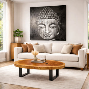 XXL Buddha Leinwandbild 80 x 120 cm, handgemaltes Buddha Bild auf Künstlerleinwand mit Massivholzrahmen als ruhiger Wandblickfang für Wohnzimmer, Hotel-Lobby, asiatisches Restaurant, Büro oder Yoga- und Meditationsraum in der Schweiz