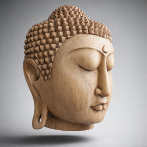 Buddha Kopf Holz 30cm aus handgeschnitztem Akazienholz, kleine Buddha Statue als asiatische Deko für Wohnzimmer, Yoga-Ecke oder Praxis in der Schweiz
